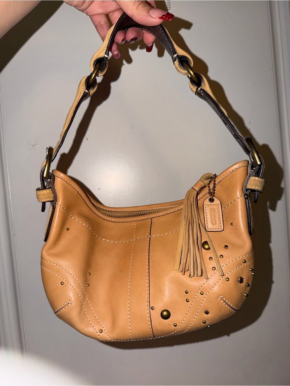 Leather Hobo Bag with Tassel - Tan
